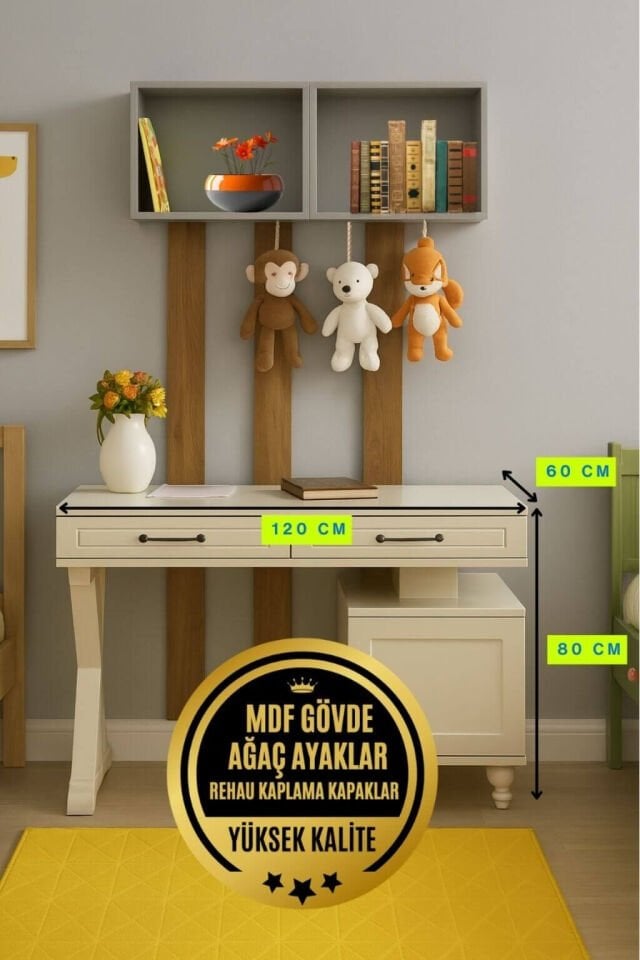 Alin Genç Odası Çalışma Masası | Kumtaşı Gövde | REHAU Kaplama Bej Renk Kapak ve Çekmeceler | MDF Tasarım