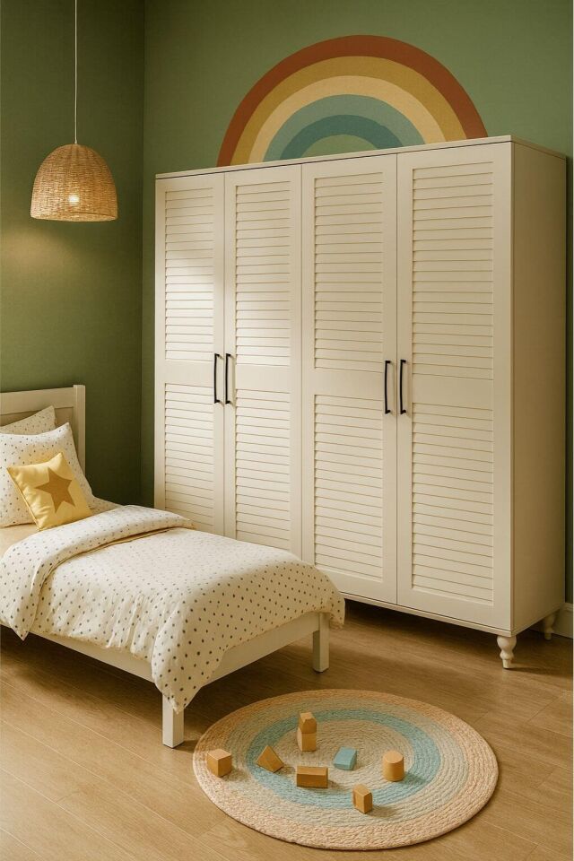 Pera 4 Kapaklı Çekmeceli Dolap | MDF Gövde | Ağaç Ayaklar | Panjur Kapaklı