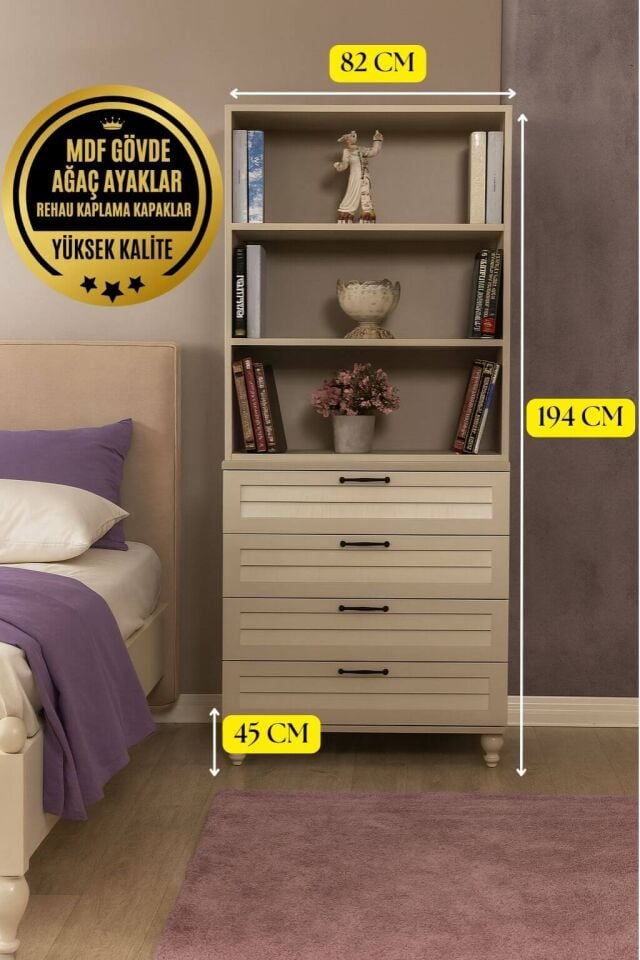 Pera Çekmeceli Şifonyer ve Kitaplık Set | MDF Gövde | Ağaç Ayaklar | Estetik Dokunuşlarla Geliştirilmiş Yapı