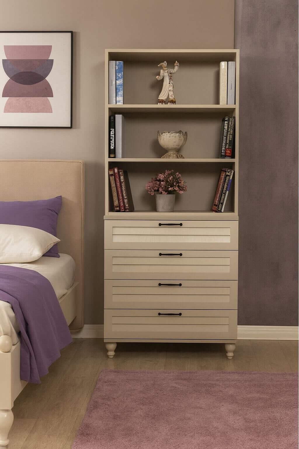 Pera Çekmeceli Şifonyer ve Kitaplık Set | MDF Gövde | Ağaç Ayaklar | Estetik Dokunuşlarla Geliştirilmiş Yapı