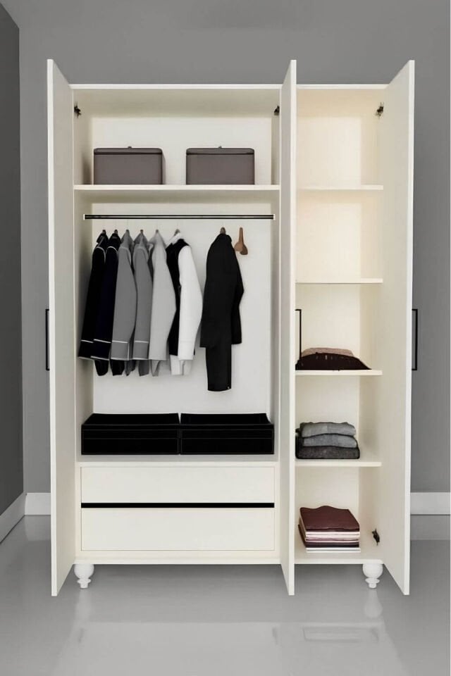 Pera 3 Kapaklı Çekmeceli Dolap | MDF Gövde | Ağaç Ayaklar | Panjur Kapaklar ve Özel Tasarım