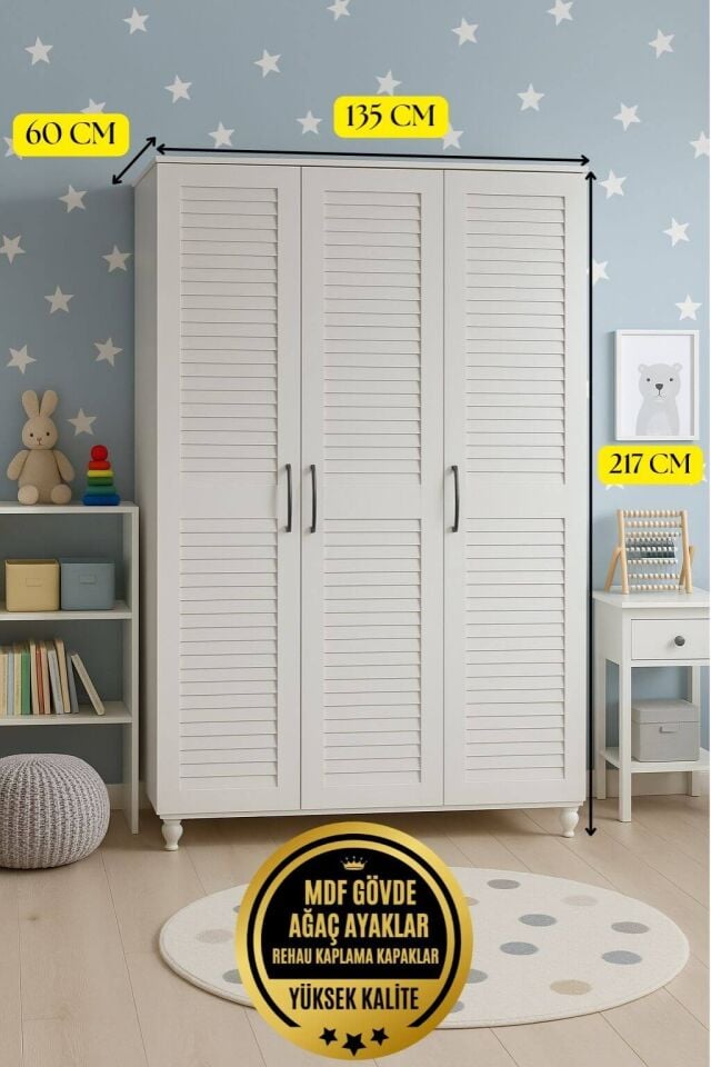 Pera 3 Kapaklı Çekmeceli Dolap | MDF Gövde | Ağaç Ayaklar | Panjur Kapaklar ve Özel Tasarım