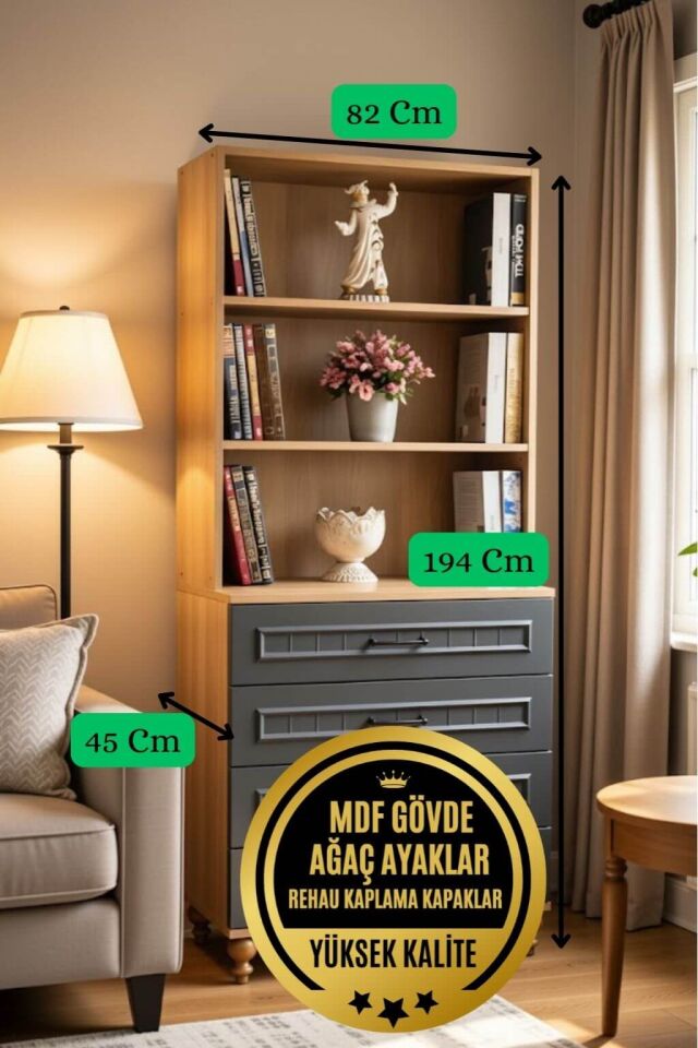 Ozan Çekmeceli Şifonyer ve Kitaplık Set | MDF Gövde | Ağaç Ayaklar | Göz Alıcı ve Kullanışlı Yapı