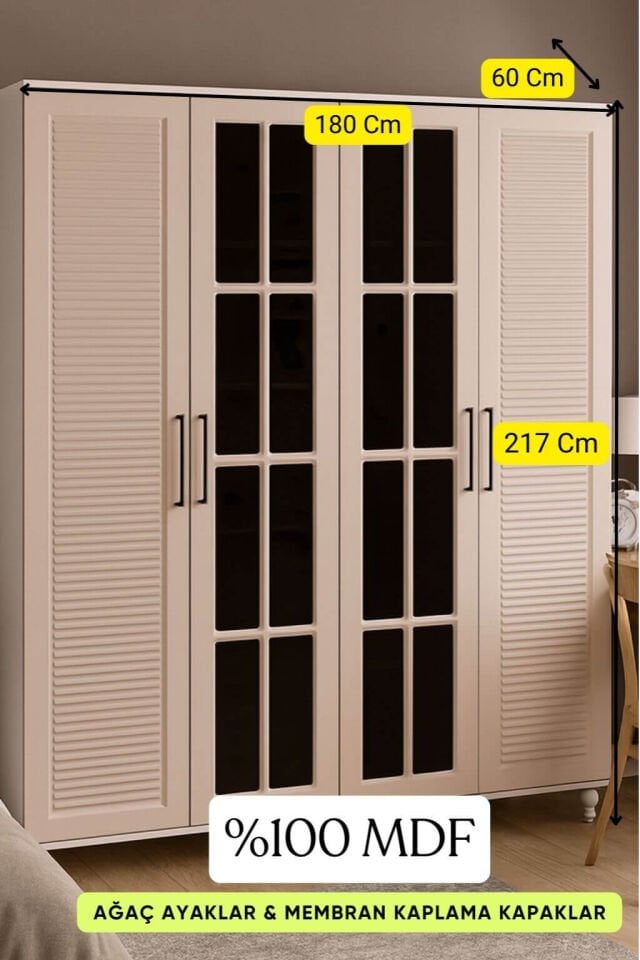 Masal 4 Kapaklı Çekmeceli Dolap | MDF Gövde | Ağaç Ayaklar | Zarif ve İşlevsel Detaylar