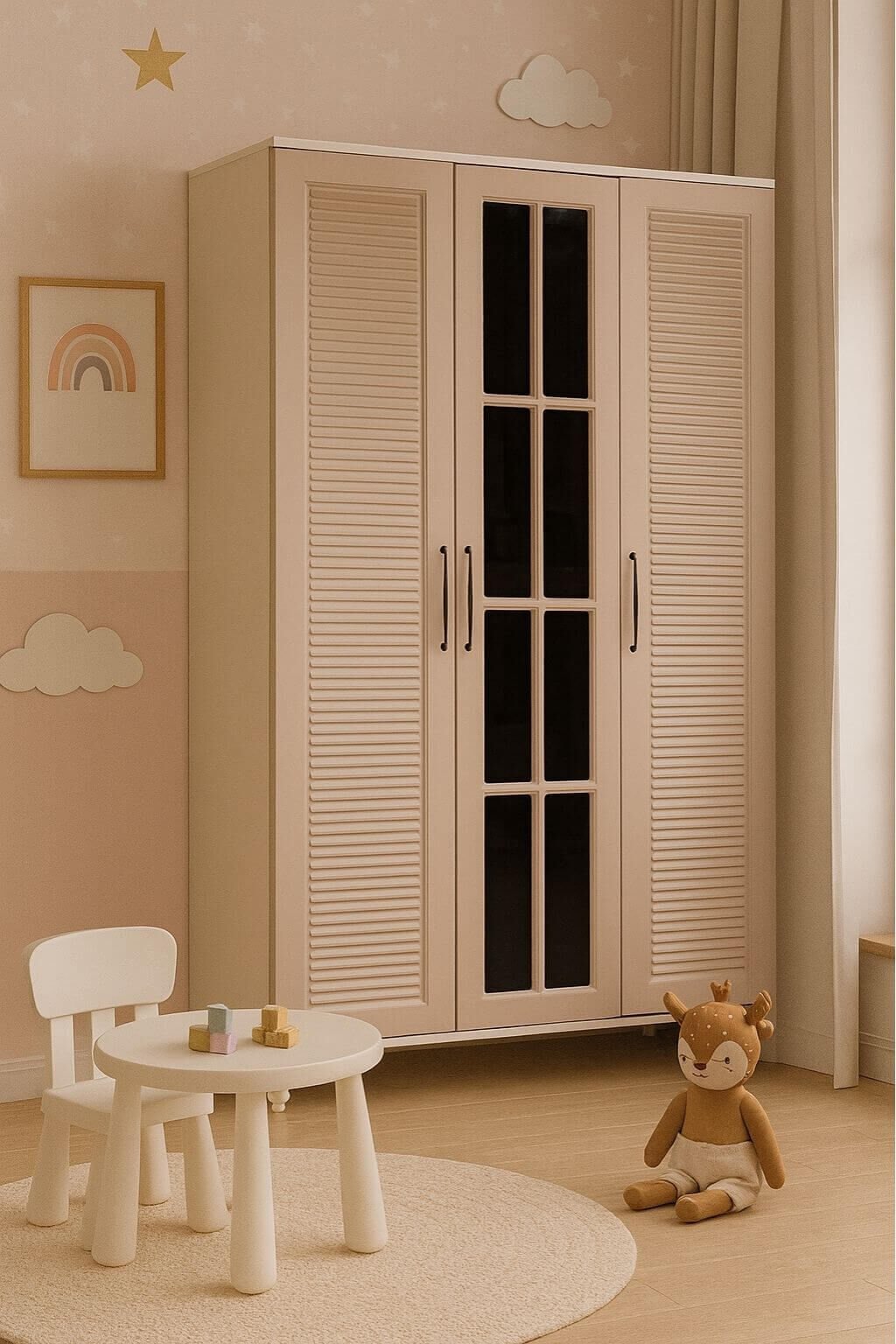 Masal 3 Kapaklı Dolap | MDF Gövde | Ağaç Ayaklar | Zarif ve İşlevsel Detaylar