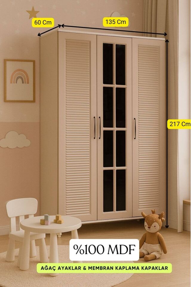 Masal 3 Kapaklı Çekmeceli Dolap | MDF Gövde | Ağaç Ayaklar | Estetik ve Pratik Çözüm