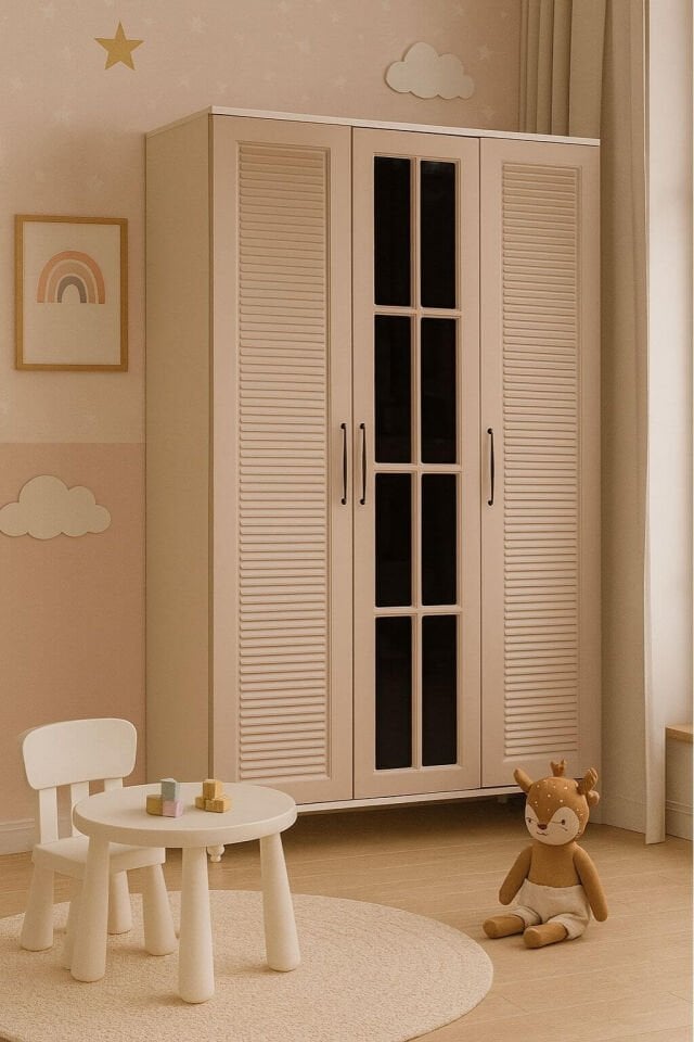 Masal 3 Kapaklı Çekmeceli Dolap | MDF Gövde | Ağaç Ayaklar | Estetik ve Pratik Çözüm