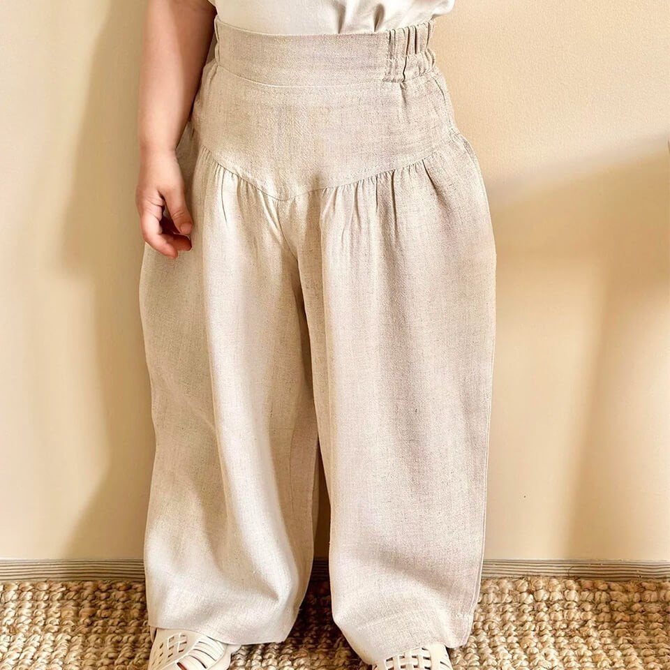 Korsajlı Büzgülü Keten Pantolon – Naturel | Yüksek Bel, Doğal Kumaş ve Modern Kesim