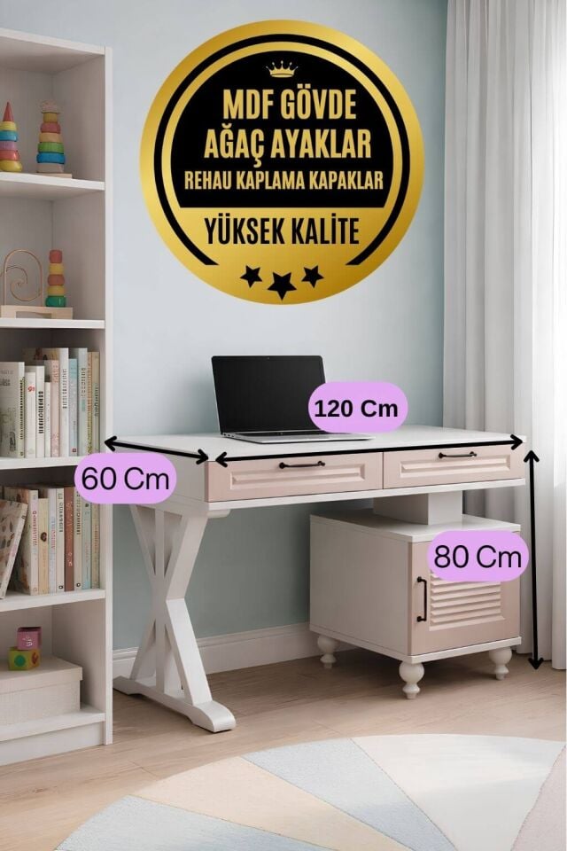 Masal Pembe Çalışma Masası | MDF Gövde | Ağaç Ayaklar | Estetik ve Pratik Çözüm