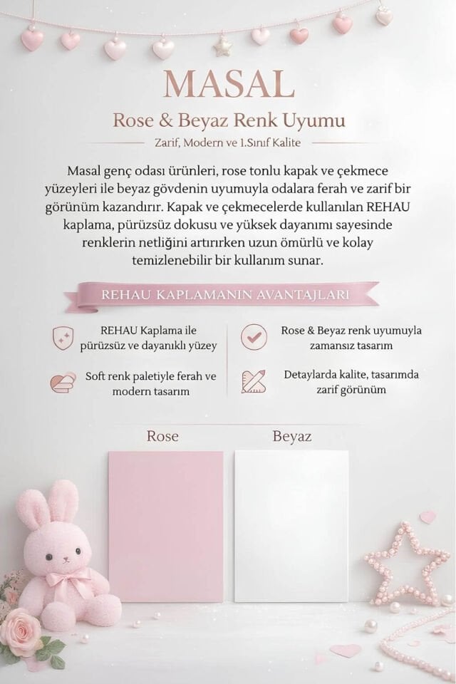 Masal Pembe Çalışma Masası | MDF Gövde | Ağaç Ayaklar | Estetik ve Pratik Çözüm