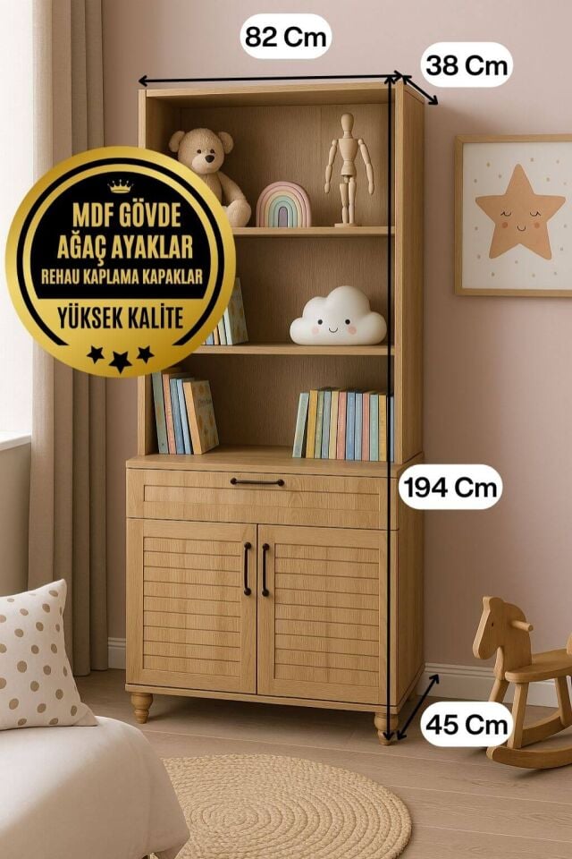 Pera Wood Panjur Kapaklı Şifonyer ve Kitaplık Set | MDF Gövde | Ağaç Ayaklar | Fonksiyonel ve Şık Tasarım