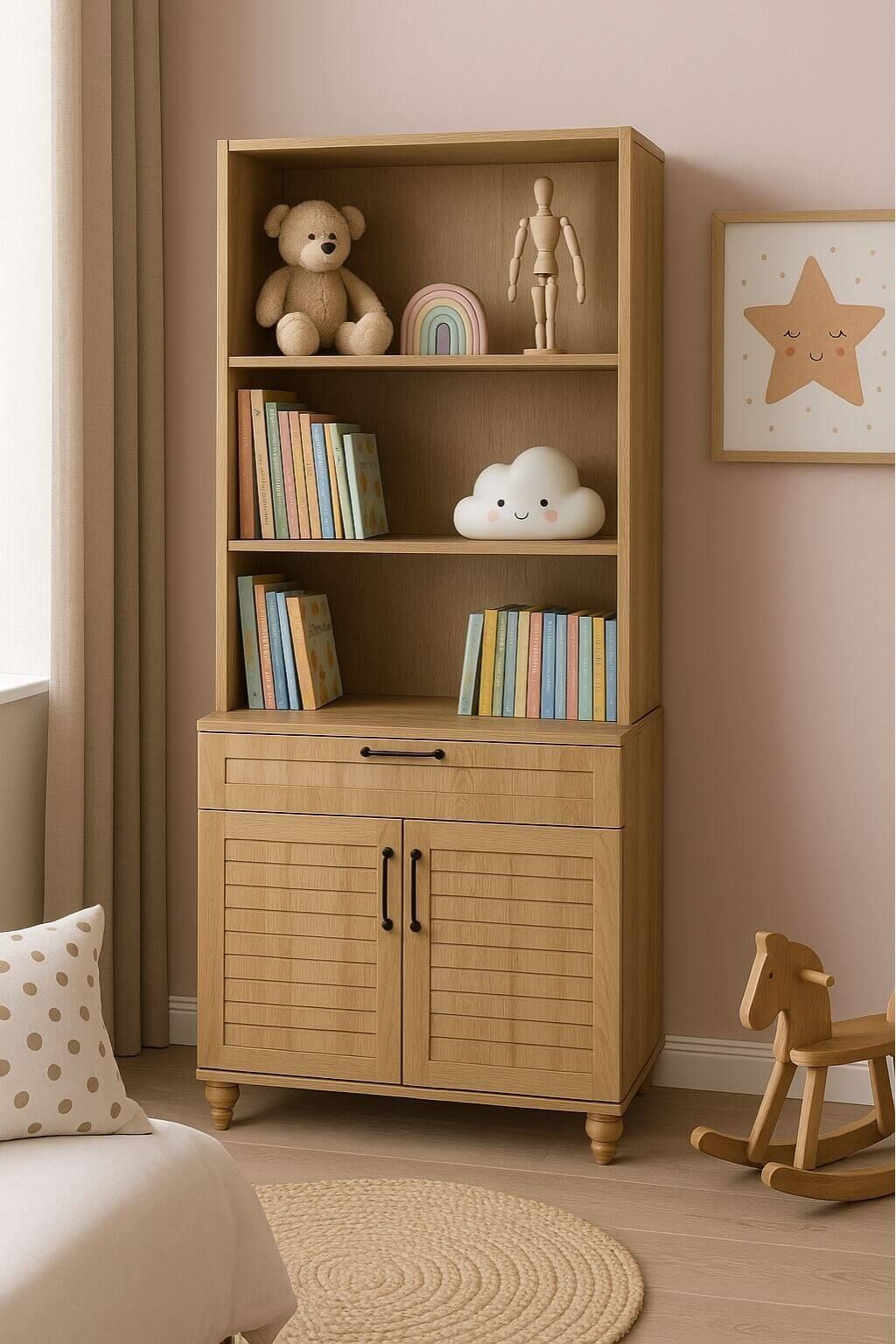 Pera Wood Panjur Kapaklı Şifonyer ve Kitaplık Set | MDF Gövde | Ağaç Ayaklar | Fonksiyonel ve Şık Tasarım