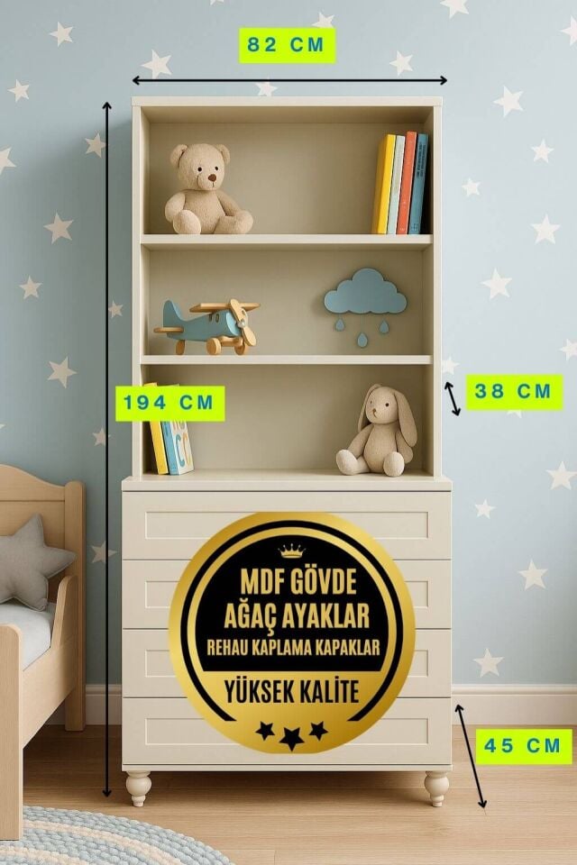 Alin Çekmeceli Şifonyer ve Kitaplık Seti | %100 MDF | Ağaç Ayaklı