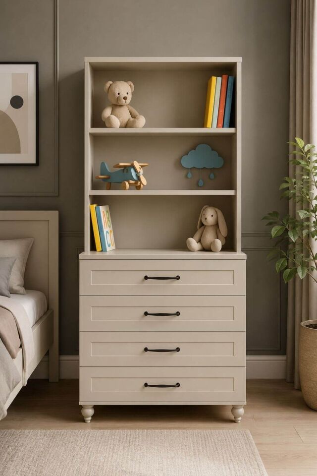 Alin Çekmeceli Şifonyer ve Kitaplık Seti | %100 MDF | Ağaç Ayaklı