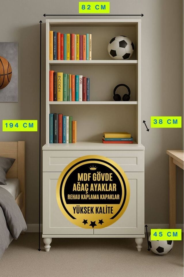 Alin Kapaklı Şifonyer ve Kitaplık Seti | %100 MDF| Ağaç Ayaklar