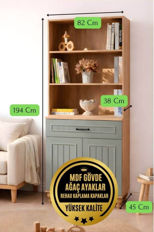 Gülsün Kapaklı Şifonyer ve Kitaplık Seti | %100 MDF | Ağaç Ayak