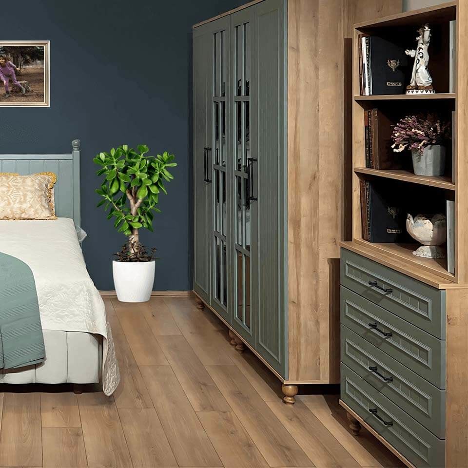 Gülsün Çekmeceli Şifonyer ve Kitaplık Seti | %100 MDF | Ağaç Ayaklı