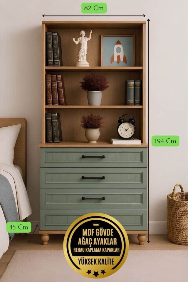Gülsün Çekmeceli Şifonyer ve Kitaplık Seti | %100 MDF | Ağaç Ayaklı