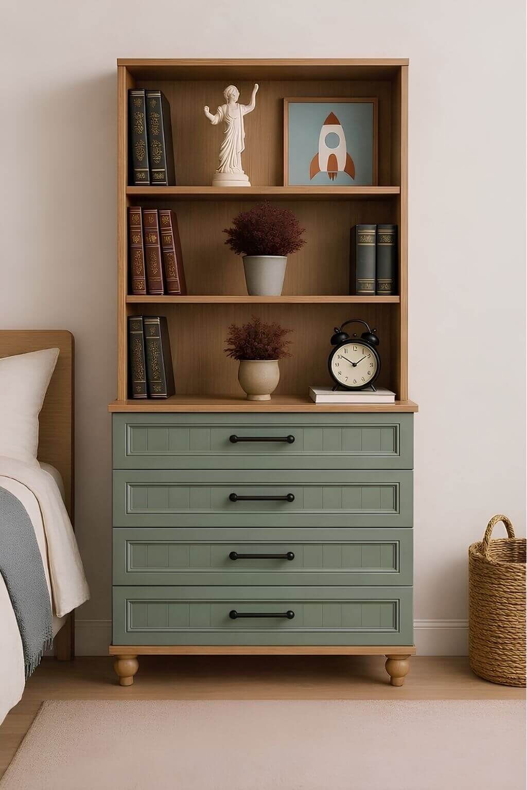 Gülsün Çekmeceli Şifonyer ve Kitaplık Seti | %100 MDF | Ağaç Ayaklı