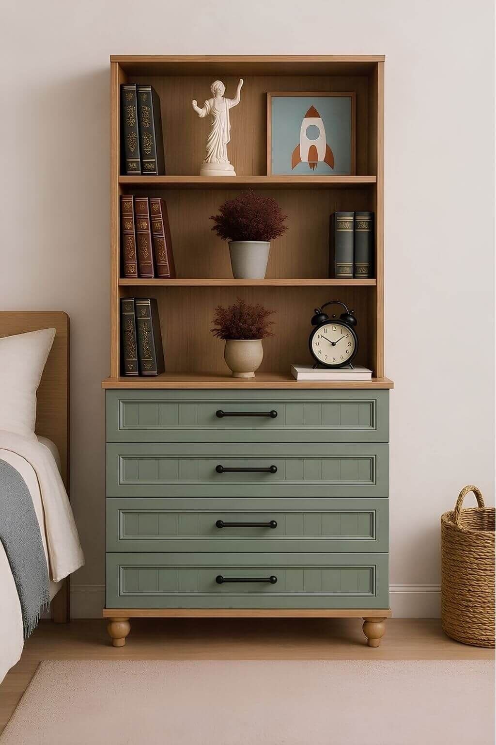 Gülsün Çekmeceli Şifonyer ve Kitaplık Seti | %100 MDF | Ağaç Ayaklı