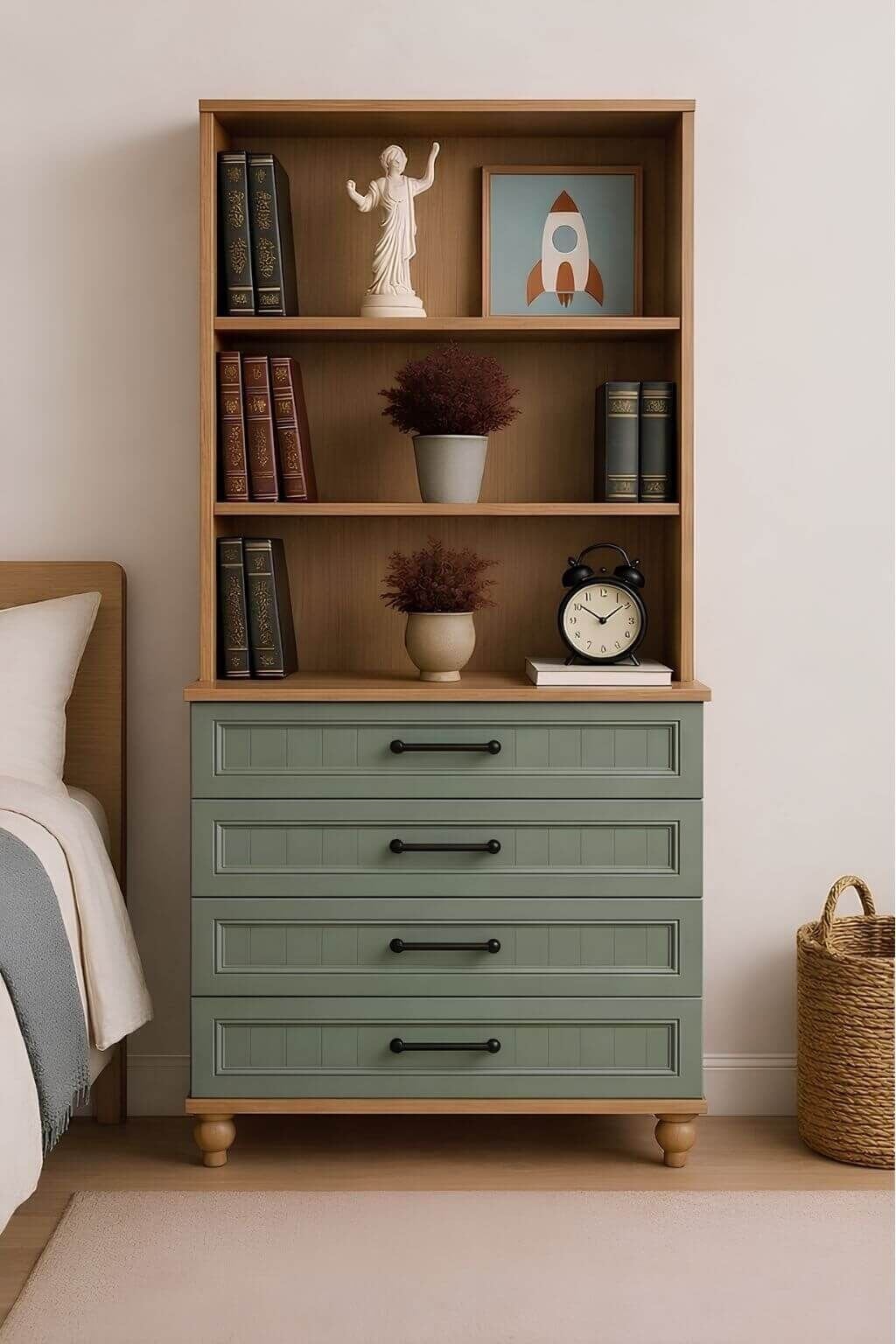 Gülsün Çekmeceli Şifonyer ve Kitaplık Seti | %100 MDF | Ağaç Ayaklı