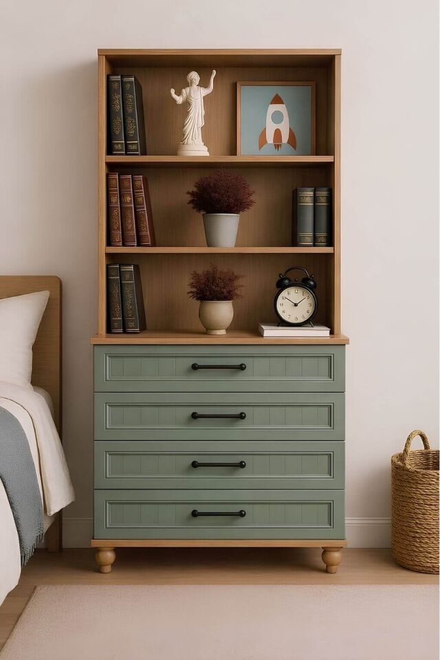 Gülsün Çekmeceli Şifonyer ve Kitaplık Seti | %100 MDF | Ağaç Ayaklı