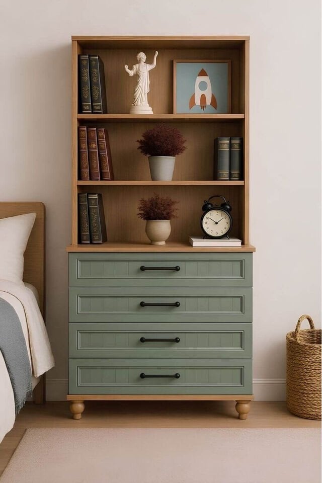 Gülsün Çekmeceli Şifonyer ve Kitaplık Seti | %100 MDF | Ağaç Ayaklı