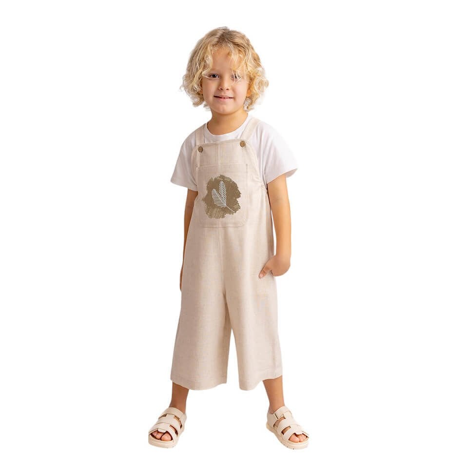 Tüy Nakışlı Keten Salopet – Naturel | Doğal Renk, Hafif Kumaş ve Şık Detay