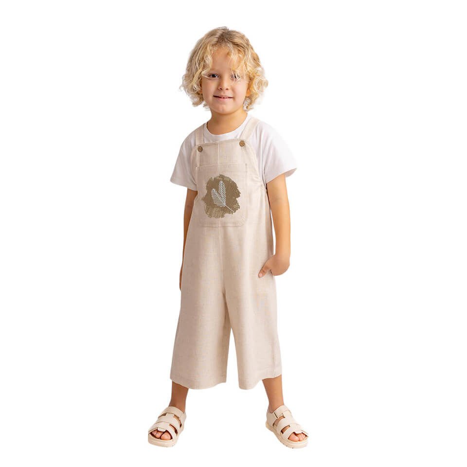 Tüy Nakışlı Keten Salopet – Naturel | Doğal Renk, Hafif Kumaş ve Şık Detay