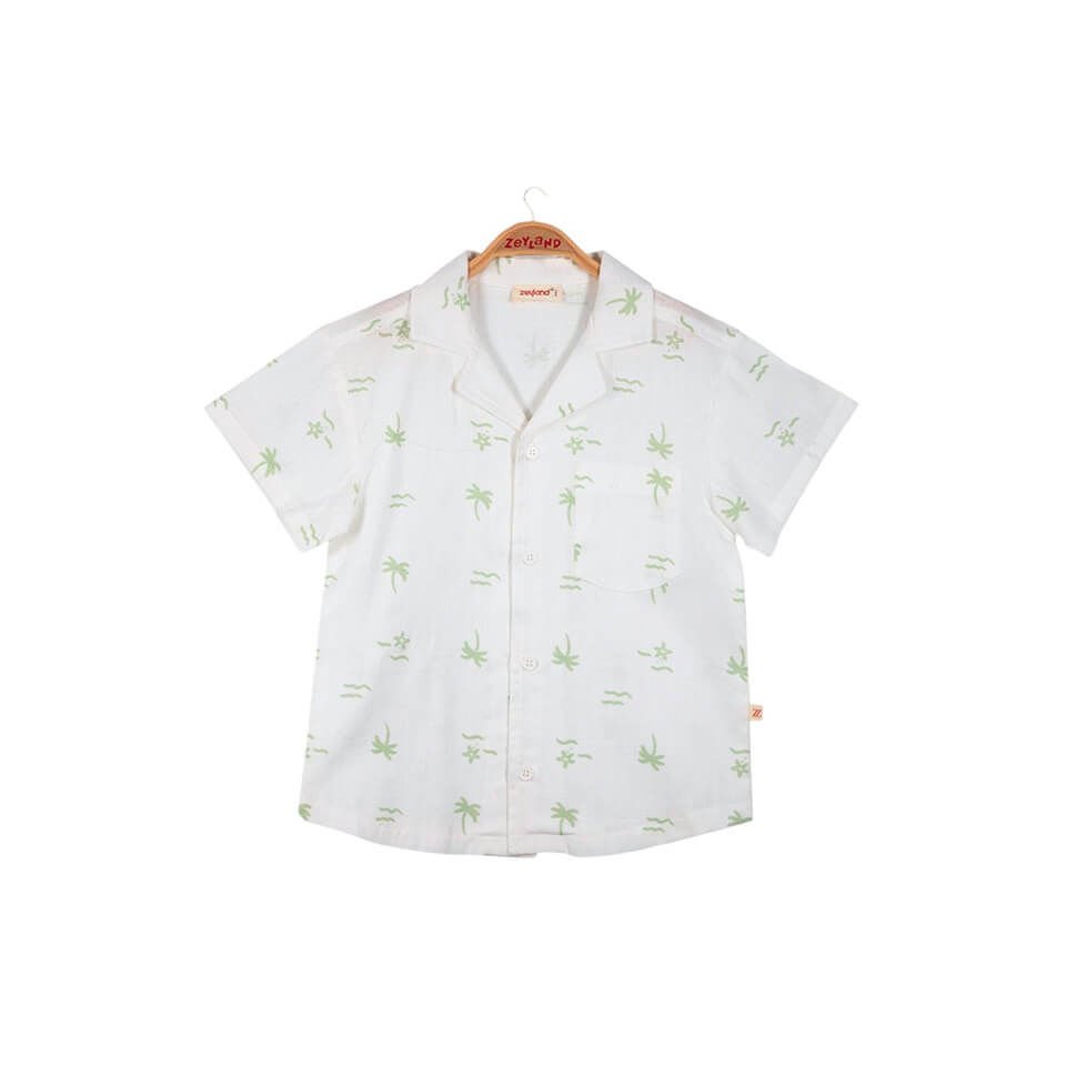 Erkek Çocuk Desenli Keten Gömlek – Yeşil | Desenli, Hafif ve Şık Yazlık Model