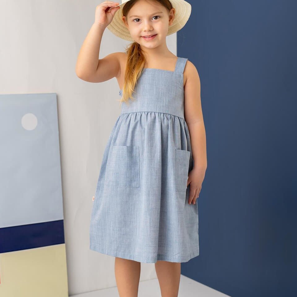 İndigo Askılı Midi Elbise | Kız Çocuklara Özel Cepli ve Hafif Günlük Model